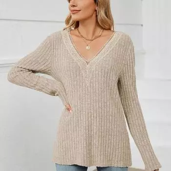 Осенняя однотонная трикотажная футболка с v-образным вырезом, женские свободные элегантные футболки с длинными рукавами, женские повседневные женские футболки в полоску в полоску 30114 S орион