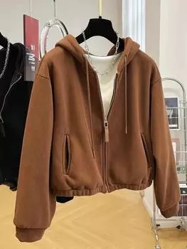 Осенняя однотонная винтажная повседневная теплая куртка женская, новый дизайн, ретро-пальто с капюшоном, на молнии, эстетичная, элегантная, свободная, женская верхняя одежда M коричневый