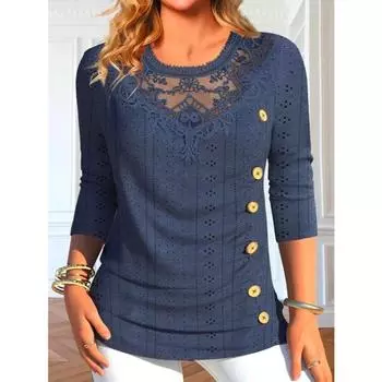 Осенняя однотонная жаккардовая футболка с длинными рукавами и пуговицами, женские футболки S тёмно-синий