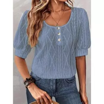 Осенняя однотонная жаккардовая футболка с круглым вырезом и короткими рукавами на пуговицах S розовый