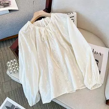 Осенняя офисная женская блузка на шнуровке с круглым вырезом в Корейском стиле, рубашка со свободными рукавами, элегантные топы с цветочным принтом и крючком, женская одежда 29515 One Size абрикосовый