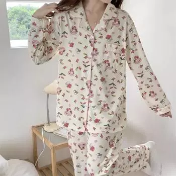 Осенняя пижама из чистого хлопка с длинными рукавами, брюки, комплект из двух предметов, повседневная домашняя одежда с героями мультфильмов, шелковая пижама для женщин M белый