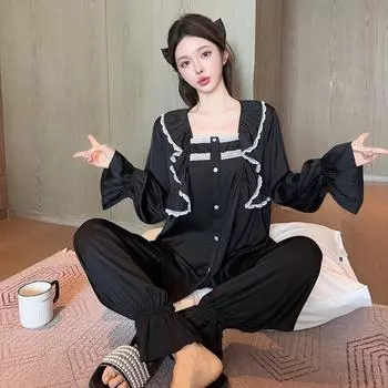 Осенняя пижама из двух предметов, комплект из ледяного шелка, милая и симпатичная пижама, удобный гладкий домашний комплект с оборками M