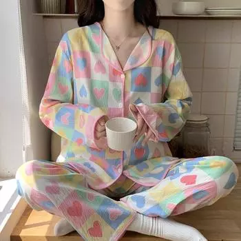 осенняя пижама комплект с длинным рукавом женская пижама на пуговицах костюмы ночное белье комплекты с принтом сердца брюки домашняя одежда женская M