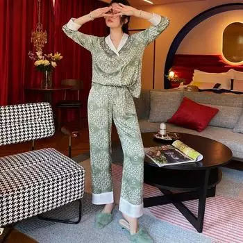 Осенняя пижама Ретро Зеленый Фруктовый воротник Ледяной Шелковый Костюм Темперамент Куртка Домашний Костюм Костюм M