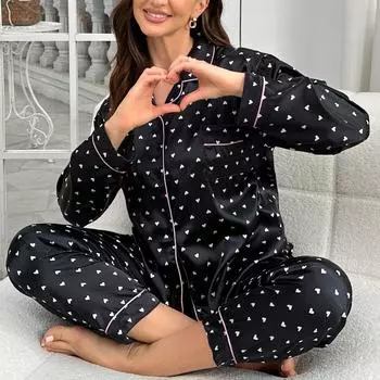Осенняя пижама с длинным рукавом и принтом любви из 2 предметов для женщин из шелкового атласа, пижамный комплект, пижамный комплект, топы и брюки, домашняя одежда, пижама M