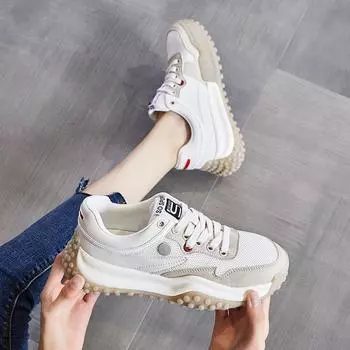 Осенняя пленка впитывающая подошва кожа повседневная толстая подошва спортивная папина обувь большой размер женская обувь 35 бежевый