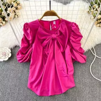 Осенняя плиссированная рубашка с бантом во французском стиле ретро с круглым воротником и рукавами-пузырьками, индивидуальный модный топ One Size зелёный