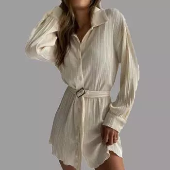 Осенняя плиссированная рубашка с длинными рукавами, повседневное модное платье с поясом для женщин, повседневные платья S чёрный