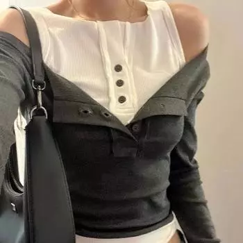 Осенняя поддельная двухсекционная облегающая уличная одежда, топы, гранж-лоскутные контрастные цвета, футболки, универсальные, эстетичные женские футболки Y2k S серый