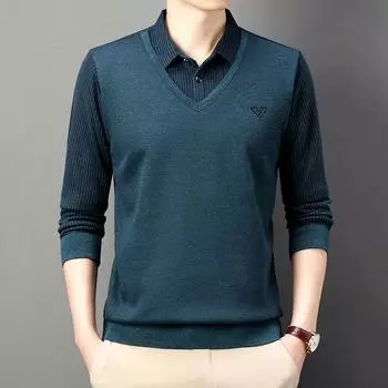 Осенняя поддельная футболка из двух частей с длинными рукавами, мужская одежда для пап среднего возраста, полосатая рубашка с воротником, повседневный нижний верх для мужчин M