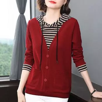 Осенняя поддельная повседневная футболка из двух частей с капюшоном, женская модная универсальная футболка с длинным рукавом в полоску, женская 5XL чёрный
