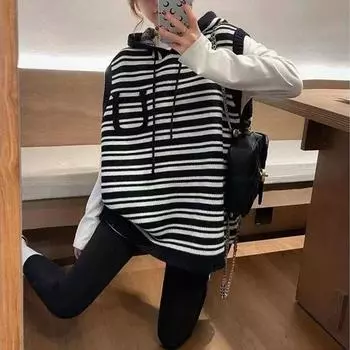 Осенняя полосатая верхняя одежда с капюшоном без рукавов вязаный жилет жилет женский корейский вариант свободный ленивый стиль универсальный свитер жилет average size