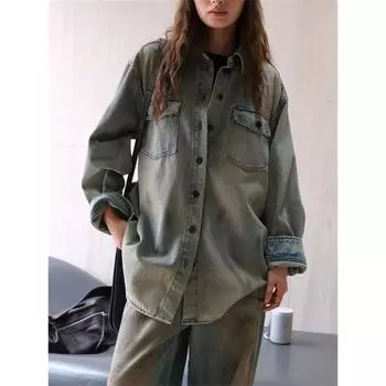 Осенняя потертая рубашка в стиле ковбоя старого синего цвета, женская свободная повседневная однобортная джинсовая куртка S