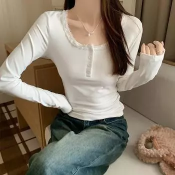 Осенняя потрясающая кружевная рубашка с отделкой из чистого кружева и бархата для женщин с длинными рукавами и квадратным вырезом на правом плече S