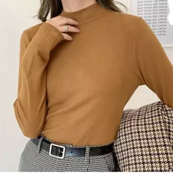 Осенняя повседневная футболка с высоким воротом, женская зимняя мода, бархатные пуловеры с длинным рукавом, женская элегантная однотонная облегающая женская футболка 25576 S оранжевый