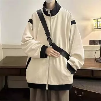 Осенняя повседневная контрастная цветная толстовка с принтом, куртка для мужчин, японская свободная молодежная куртка, дизайн, красивая верхняя одежда M