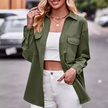 Осенняя повседневная мода карманы свободная блузка женские топы однотонные с длинным рукавом рубашка больших размеров женские элегантные офисные простые блузки на пуговицах женские 25175 S армия зеленый