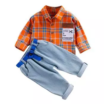 Осенняя повседневная рубашка с длинными рукавами и принтом для маленьких мальчиков, топ + джинсовые брюки, комплект брюк с поясом 110