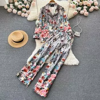 Осенняя повседневная рубашка с лацканами и национальным ветром с цветочным принтом, женские широкие брюки с эластичной резинкой на талии, женский комплект из двух предметов