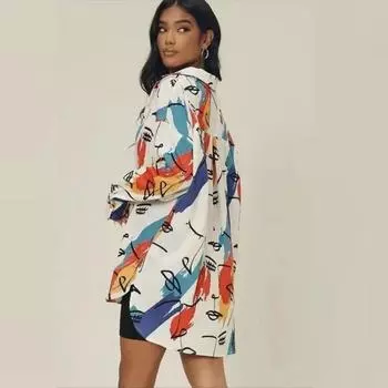 Осенняя повседневная свободная рубашка с длинным рукавом, женские топы с отложным воротником, модная блузка с принтом граффити 2023, одежда Blusas 29697 S белый