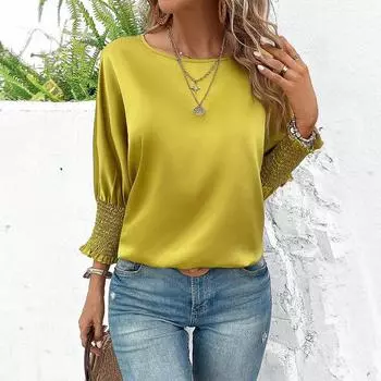 Осенняя повседневная свободная женская футболка с рукавами «летучая мышь», однотонная, с круглым вырезом, с короткими рукавами, футболки женские S жёлтый