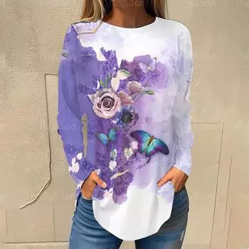 Осенняя повседневная свободная женская одежда, модная цветочная печать, двухцветная вязка, женские футболки с длинными рукавами, уличный тренд, пуловер S