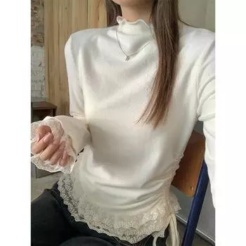 Осенняя повседневная женская футболка с длинными рукавами и кружевом Fungus Base, модные зимние теплые футболки с длинными рукавами, женские простые облегающие женские футболки 25799 S бежевый