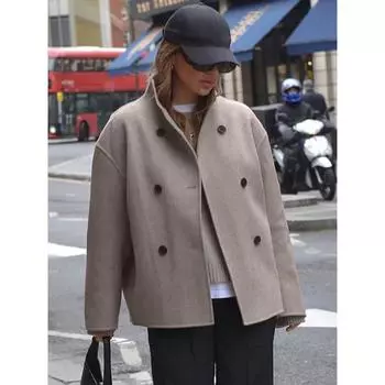 Осенняя повседневная женская верхняя одежда для поездок на работу, элегантное женское однотонное двубортное хлопковое пальто с воротником-стойкой и длинными рукавами, теплая куртка L серый