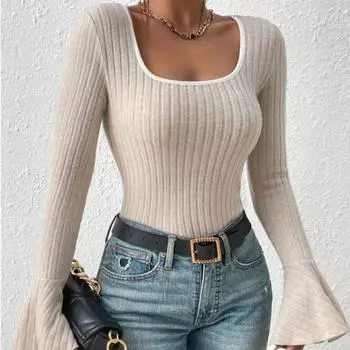 Осенняя приталенная повседневная футболка с квадратным воротником для женщин, модная винтажная расклешенная футболка с длинным рукавом, женская элегантная однотонная зимняя базовая женская футболка 25178 S чёрный