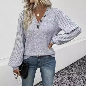 Осенняя пуговица украшение сращивание V-образный вырез футболка пуловер для женщин футболки женские S серый