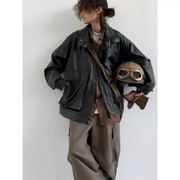 Осенняя японская ретро базовая черная кожаная куртка для мужчин и женщин свободный силуэт кожаная куртка M чёрный