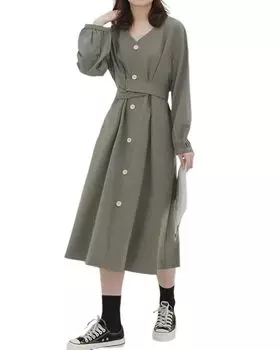 Осенняя работа повседневная простая высокая талия пояс образы платье-майка [Collecala] женское платье, поездка на работу, одежда, кимоно, Mark, тонкий, хаки