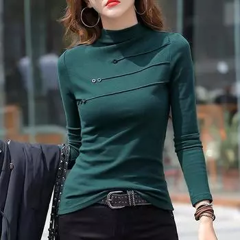 Осенняя ребристая пуговица с круглым вырезом, бамбуковая хлопковая футболка, женская свободная модная тонкая футболка, женские зеленые топы с длинными рукавами XXXL чёрный