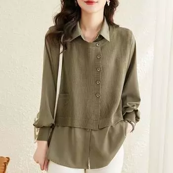 Осенняя роскошная рубашка поло с длинным рукавом, поддельные две части, свободные, повседневные, тонкие, универсальные, популярные, офисные, женские рубашки 5XL чёрный