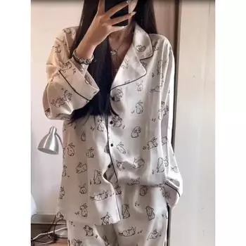 Осенняя роскошная женская пижама из ледяного шелка с лацканами, домашняя одежда для женщин, милый кролик с принтом, домашняя одежда принцессы M