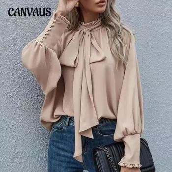 Осенняя рубашка больших размеров с высоким воротником и бантом, с длинными рукавами, женская свободная рубашка S чёрный