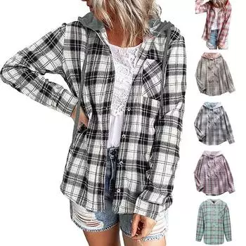 Осенняя рубашка, классическая клетчатая рубашка, повседневная толстовка с капюшоном, однобортная, с длинным рукавом, накладными карманами, со шнурком, женская ткань XXL чёрный