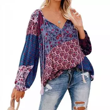 Осенняя рубашка-пуловер с V-образным вырезом и длинными рукавами, свободным верхом на шнурке для женщин Блузки и рубашки S чёрный