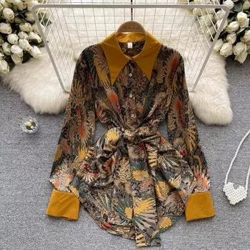 Осенняя рубашка с цветочным принтом, женские свободные ретро-модные шифоновые топы средней длины, женские ленивые топы