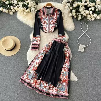 Осенняя рубашка с длинными рукавами и французским ретро-этническим принтом, топ, плиссированная юбка средней длины, комплект из двух предметов