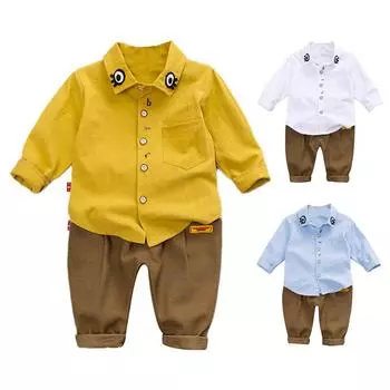 Осенняя рубашка с длинными рукавами и очаровательным мультяшным принтом для маленьких мальчиков, блузка, брюки, повседневная одежда, одежда 110