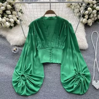 Осенняя рубашка с длинными рукавами и v-образным вырезом во французском стиле, женская пикантная рубашка с высокой талией и рукавами-фонариками для девочек, сексуальные короткие рубашки One Size зелёный