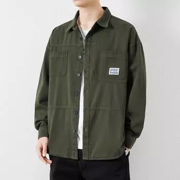 Осенняя рубашка с длинными рукавами, мужская хлопковая повседневная рубашка для мальчиков, весенне-осенняя японская свободная модная мужская куртка M армия зеленый