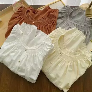 Осенняя рубашка с длинными рукавами, женская новая однотонная элегантная корейская версия, свободная нишевая блузка с круглым вырезом, плиссированный топ onesize белый