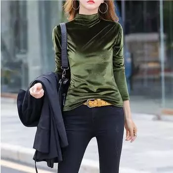 Осенняя рубашка с полувысоким воротом для женщин с длинными рукавами, тонкая универсальная футболка с модным золотым бархатным верхом S чёрный