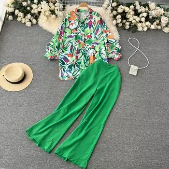 Осенняя рубашка с принтом «Новая Европа и США», широкие брюки, женский комплект из двух предметов для пожилых людей, чувство пригородной карьеры One Size чёрный