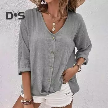 Осенняя рубашка с v-образным вырезом и рукавами 3/4, топы и пуговицы, однотонная свободная тонкая дышащая женская рубашка, уличная одежда XL небесно-голубой