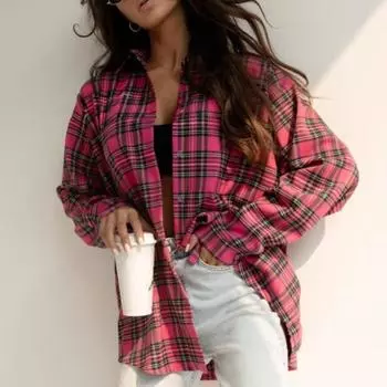 Осенняя рубашка в клетку с длинными рукавами и пуговицами на лацканах, свободная повседневная рубашка, блузки и рубашки S фуксия