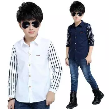 Осенняя рубашка в полоску с длинными рукавами и длинными рукавами для маленьких мальчиков и девочек-подростков 150cm темно-синий